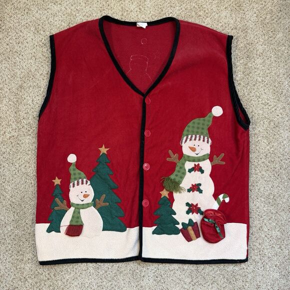 Snowman Holiday Applique Vest Womens XXL Red Festive Ugly Christmas - Picture 1 of 9